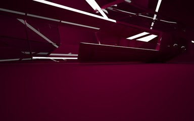 Abstract interior of the future in a minimalist style with red colored sculpture. Night view . Architectural background. 3D illustration and rendering