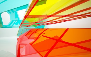Plakat abstract architectural interior with gradient geometric glass sculpture. 3D illustration and rendering