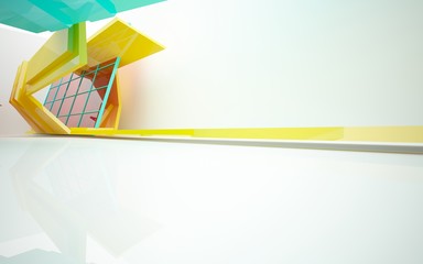 abstract architectural interior with gradient geometric glass sculpture. 3D illustration and rendering