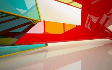 abstract architectural interior with gradient geometric glass sculpture. 3D illustration and rendering