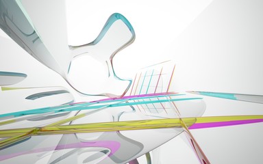 White smooth abstract architectural background whith colored gradient lines . 3D illustration and rendering