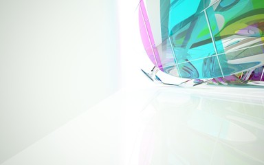 abstract architectural interior with colored smooth glass sculpture. 3D illustration and rendering