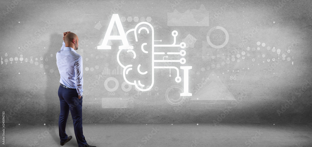 Poster businessman in front of a wall with artificial intelligence icon with half brain and half circuit 3d