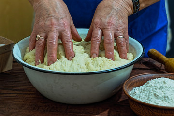 preparation, bakery,flour, dough, elderly woman, close up, copy space