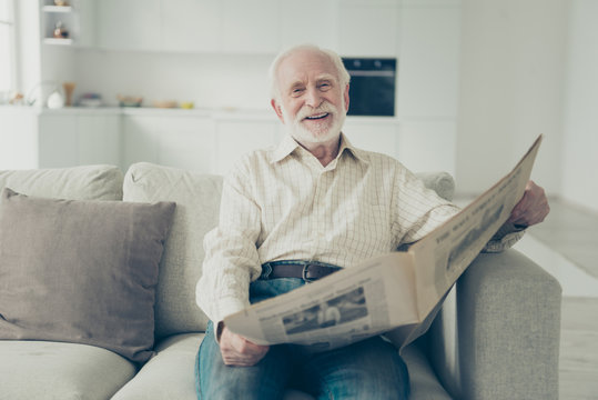 Close up portrait of grey haired he his him grandpa with daily n