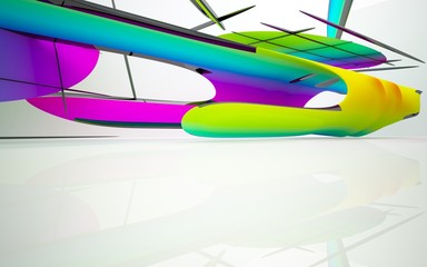 abstract architectural interior with colored smooth sculpture with black lines. 3D illustration and rendering