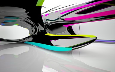 abstract architectural interior with colored smooth sculpture. 3D illustration and rendering