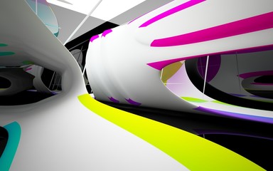 Abstract dynamic interior with white smooth colored gradient objects and black room . 3D illustration and rendering