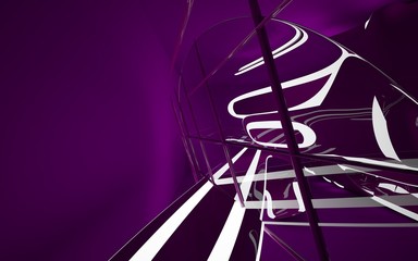 Abstract interior of the future in a minimalist style with violet sculpture. Night view . Architectural background. 3D illustration and rendering