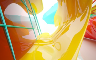 abstract architectural interior with colored smooth glass sculpture. 3D illustration and rendering