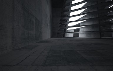 Empty dark abstract concrete room interior. Architectural background. Night view of the illuminated. 3D illustration and rendering