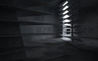 Empty dark abstract concrete room interior. Architectural background. Night view of the illuminated. 3D illustration and rendering