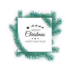 Naklejka na ściany i meble Merry Christmas and happy New Year greeting card. White label with text decorate by fir branches. Vector illustration