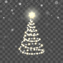 Christmas shiny tree silhouette. New Year Tree made of Christmas lights on abstract background. Vector illustration