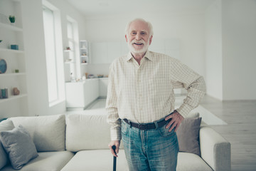 Fototapeta premium Portrait of nice cheerful positive cheery stylish old man wearin