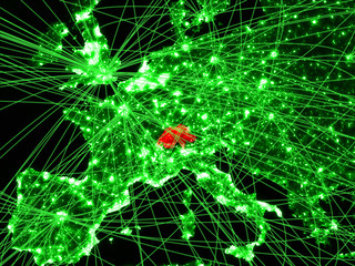 Switzerland on green map with networks. Concept of international travel, communication and technology.