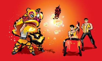 A Chinese lion raising it's head, firecrackers and a team playing drums and cymbal. In various colors and presented in splashing ink drawing style. Vector. 