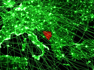 Bosnia and Herzegovina on green map with networks. Concept of international travel, communication and technology.