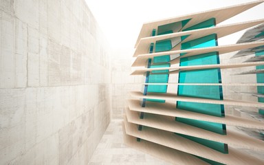 Abstract interior of concrete, wood and blue glass. Architectural background. 3D illustration and rendering 