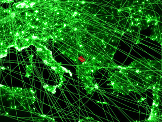 Kosovo on green map with networks. Concept of international travel, communication and technology.