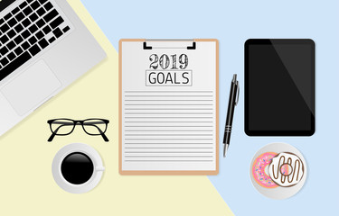 2019 goals text on white paper with office supplies on yellow and blue background. Vector illustration