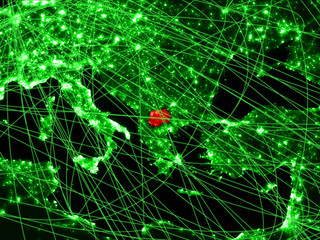 Macedonia on green map with networks. Concept of international travel, communication and technology.