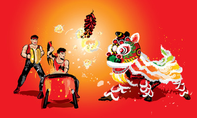 A squatting Chinese lion, firecrackers and a team playing drums and cymbals. In various colors and presented in splashing ink drawing style. Vector. 