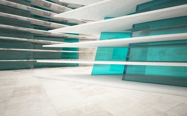 Abstract interior of concrete, wood and blue glass. Architectural background. 3D illustration and rendering 