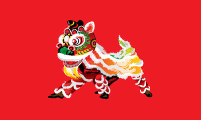 A squatting Chinese lion in various colors and presented in splashing ink drawing style. Vector.