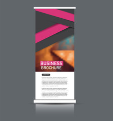 Roll up banner design. Vertical narrow flyer template. Advertising panel layout. Pink and black vector illustration.