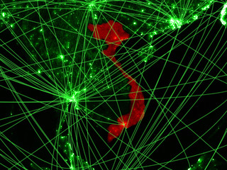 Vietnam on green map with networks. Concept of international travel, communication and technology.