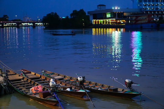 boats at night in Tapi river, Surat Thani