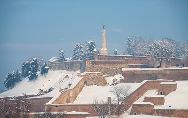 Kalemegdan fortress covered with snow in Belgrade, Serbia