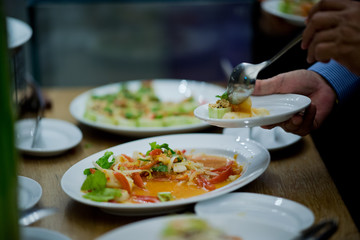 buffet food, catering food party at restaurant, mini canapes, snacks and appetizers