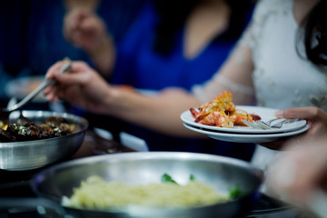 buffet food, catering food party at restaurant, mini canapes, snacks and appetizers