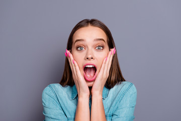 Close up portrait of attractive wondered wow girl her she lady w