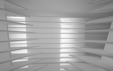 Abstract white interior highlights future. Polygon black drawing. Architectural background. 3D illustration and rendering
