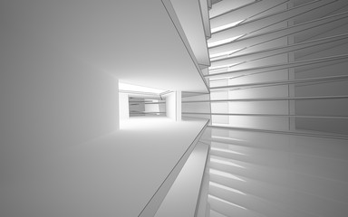 Abstract white interior highlights future. Polygon black drawing. Architectural background. 3D illustration and rendering