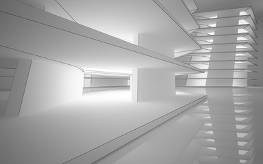 Abstract white interior highlights future. Polygon black drawing. Architectural background. 3D illustration and rendering