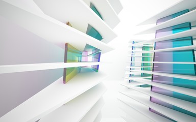 Obraz premium abstract architectural interior with white sculpture and geometric gradient glass box. 3D illustration and rendering