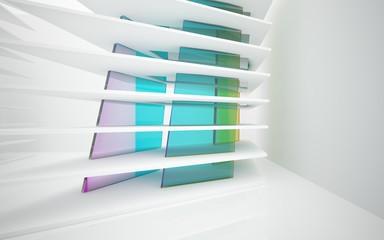 abstract architectural interior with white sculpture and geometric gradient glass box. 3D illustration and rendering