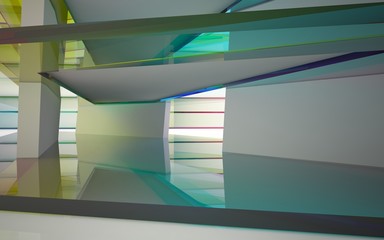 Fototapeta premium abstract architectural interior with gradient geometric glass sculpture. 3D illustration and rendering