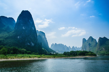 Beautiful mountains and river scenery with blue sky, Yangshuo, China.