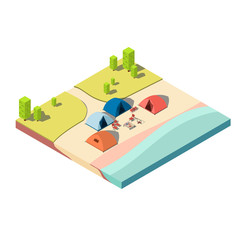 Camp at forest road and lake with tents, bonfire on the beach. Isometric 3d vector illustration campsite.