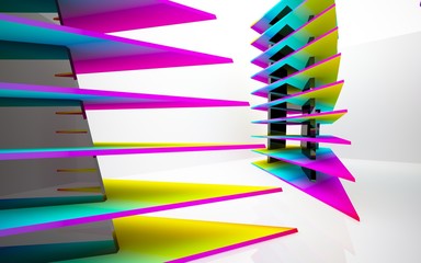 Abstract dynamic interior with gradient colored objects. 3D illustration and rendering