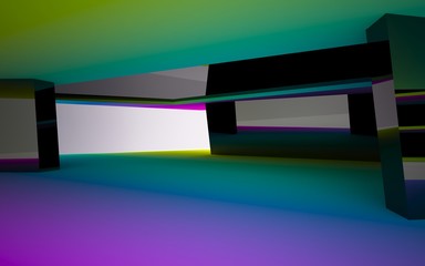 Abstract dynamic interior with gradient colored objects. 3D illustration and rendering