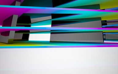 Abstract dynamic interior with gradient colored objects. 3D illustration and rendering
