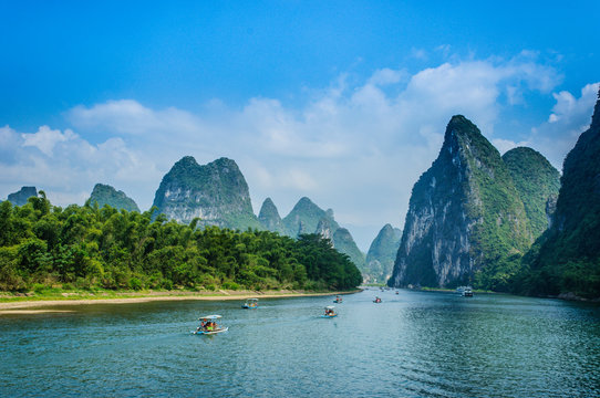 Beautiful mountains and river scenery with blue sky, Yangshuo, China.