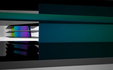 Abstract white interior of the future, with glossy black and colored gradient sculpture. 3D illustration and rendering