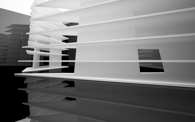 Abstract white interior of the future, with glossy black wall and floor. 3D illustration and rendering
